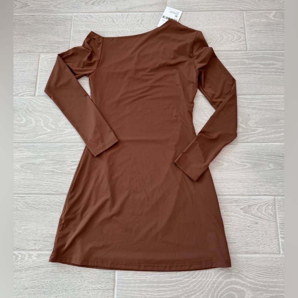 PRINCESS POLLY Kataline Asymmetrical Neckline Chocolate Brown Mini Dress 4 NWT - Picture 2 of 6
